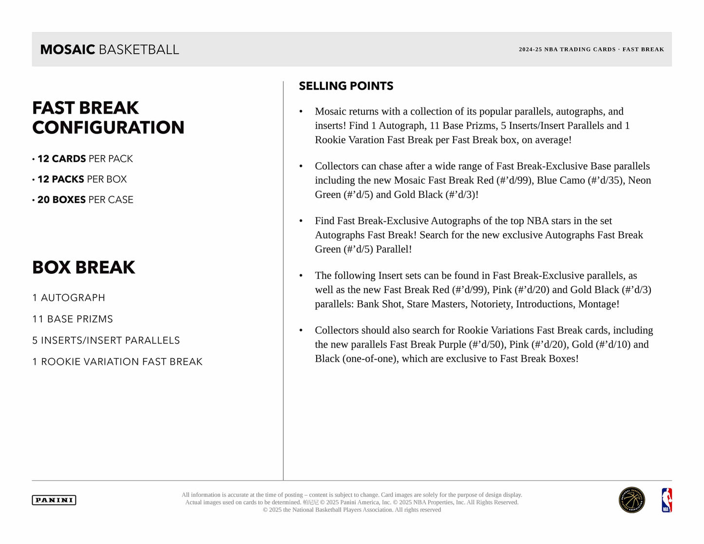 2024-25 Panini Mosaic Basketball Fast Break Hobby Box
