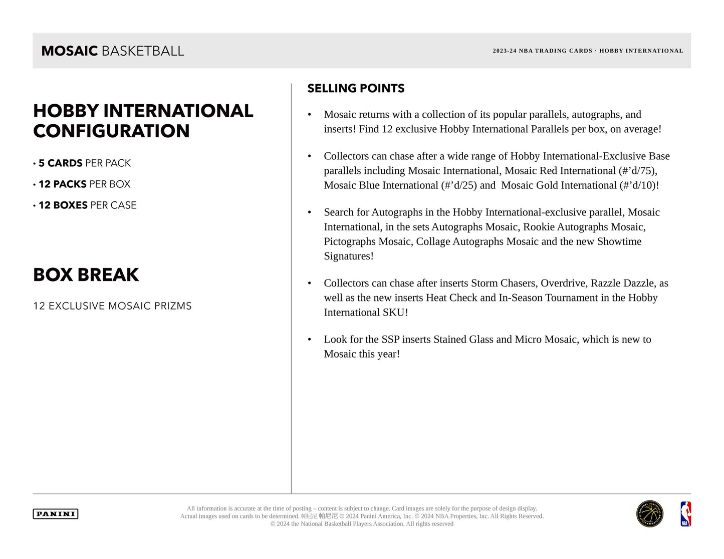 2023-24 Panini Mosaic Basketball International Hobby Box