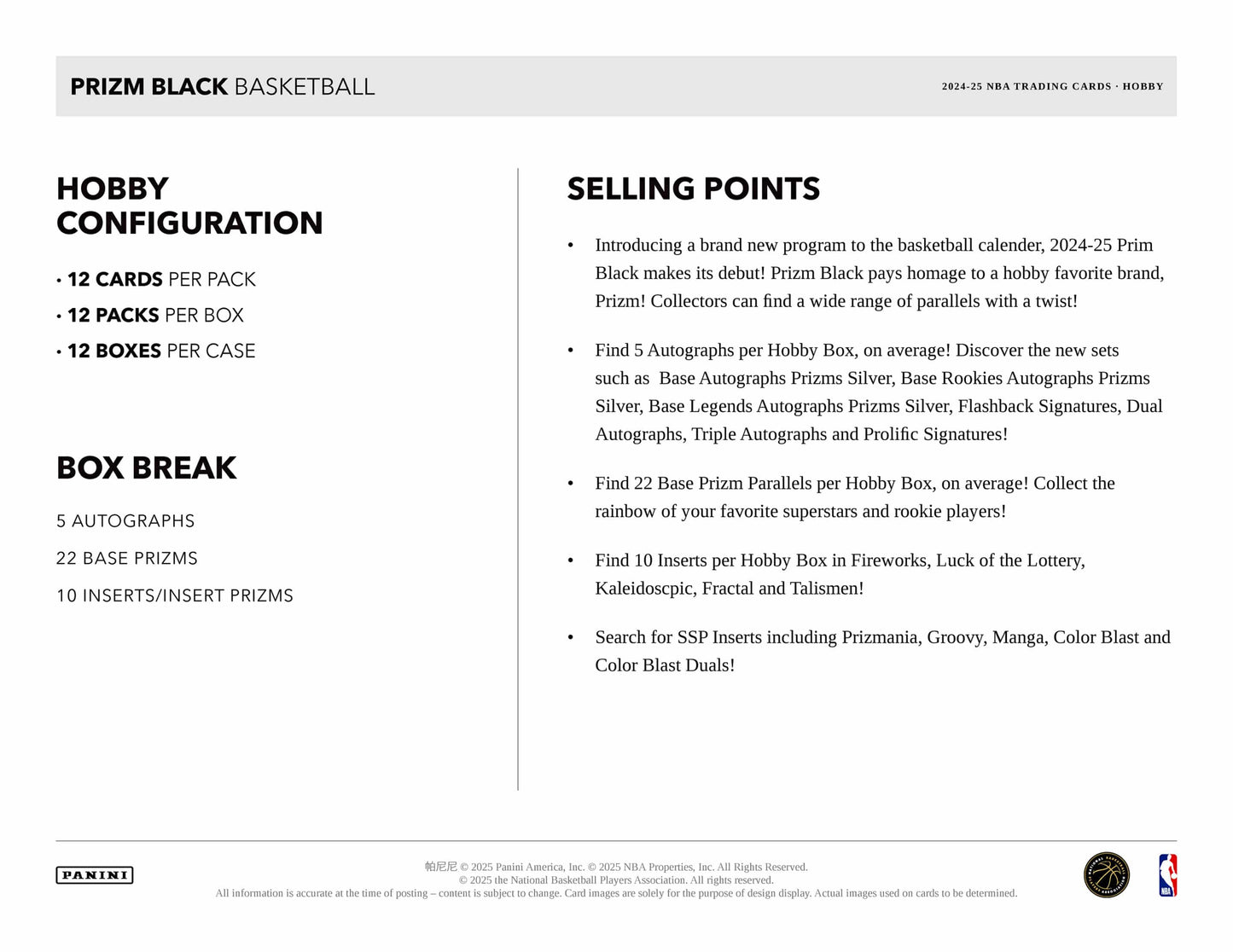 2024-25 Panini Prizm Black Basketball Hobby Box